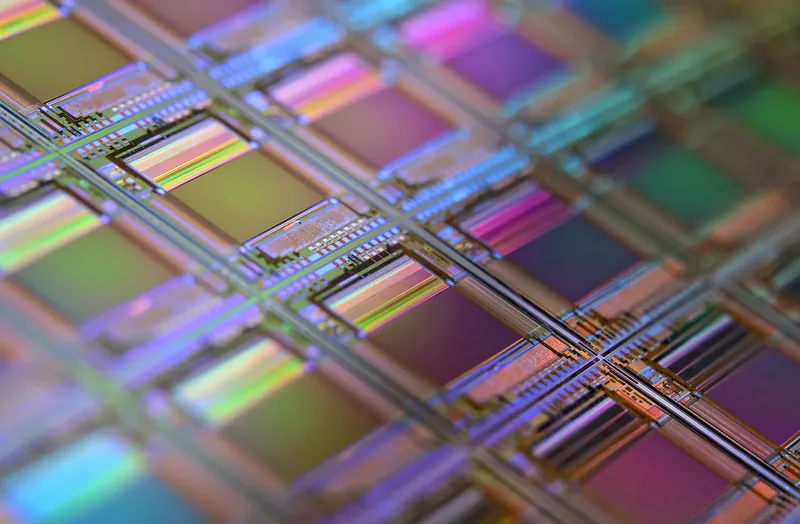 Close-up of the dies on a silicon wafer