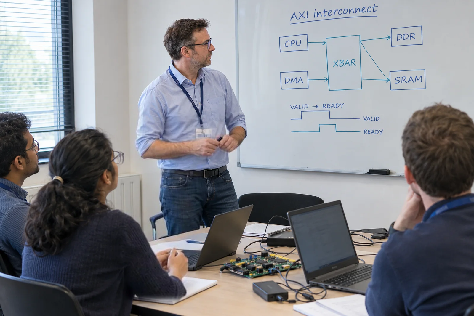 A trainer at the whiteboard in front of a group of engineers