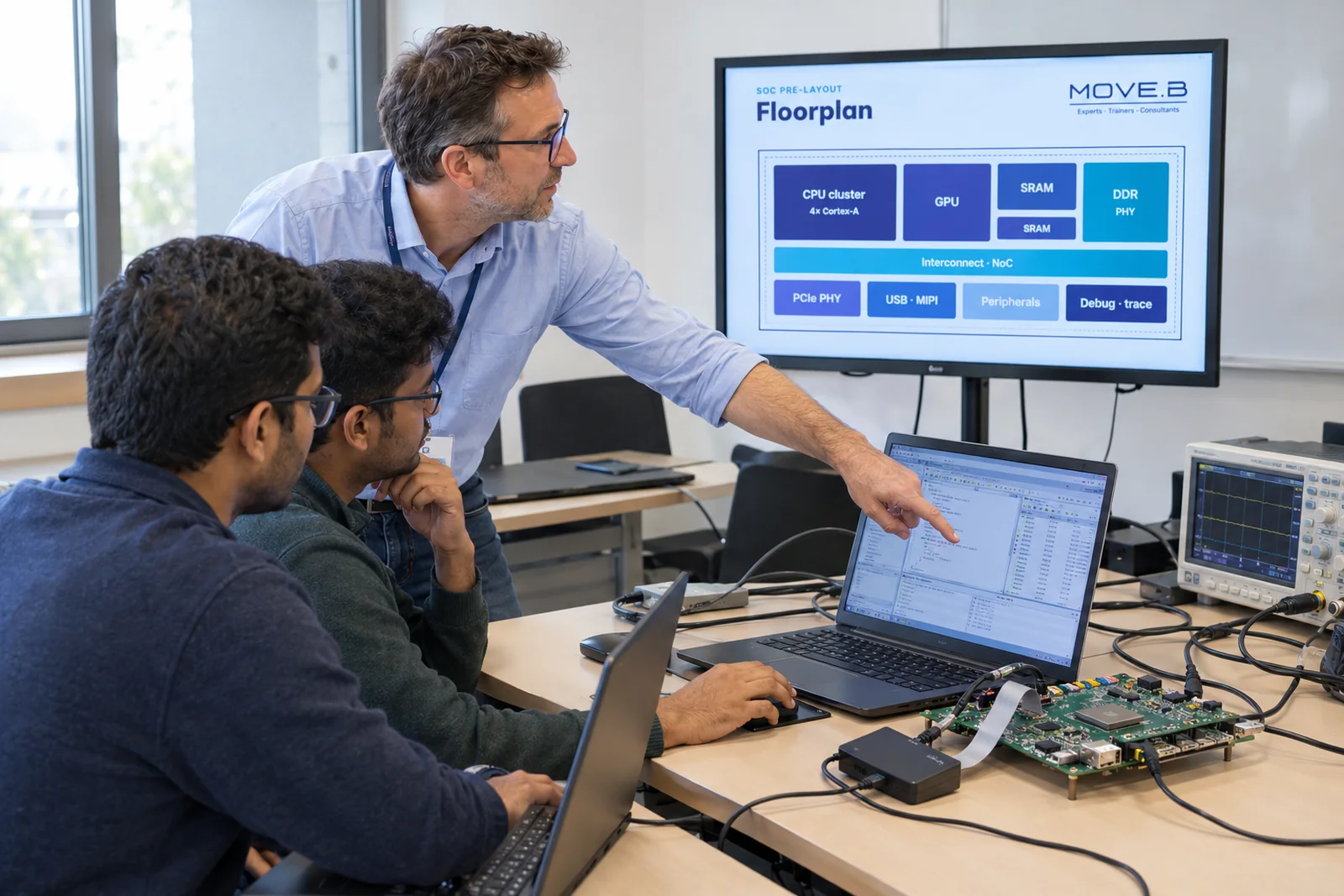 A trainer pointing at the debugger on an engineer's laptop, next to an evaluation board, a debug probe and an oscilloscope