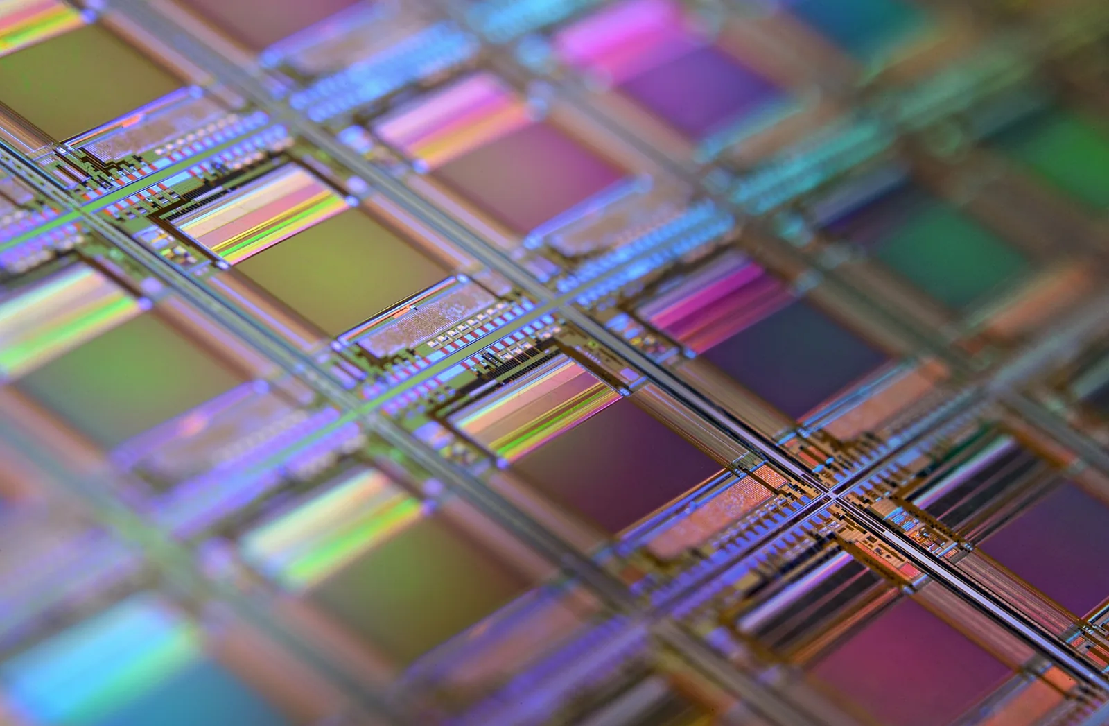 Dies on a silicon wafer, their circuits visible
